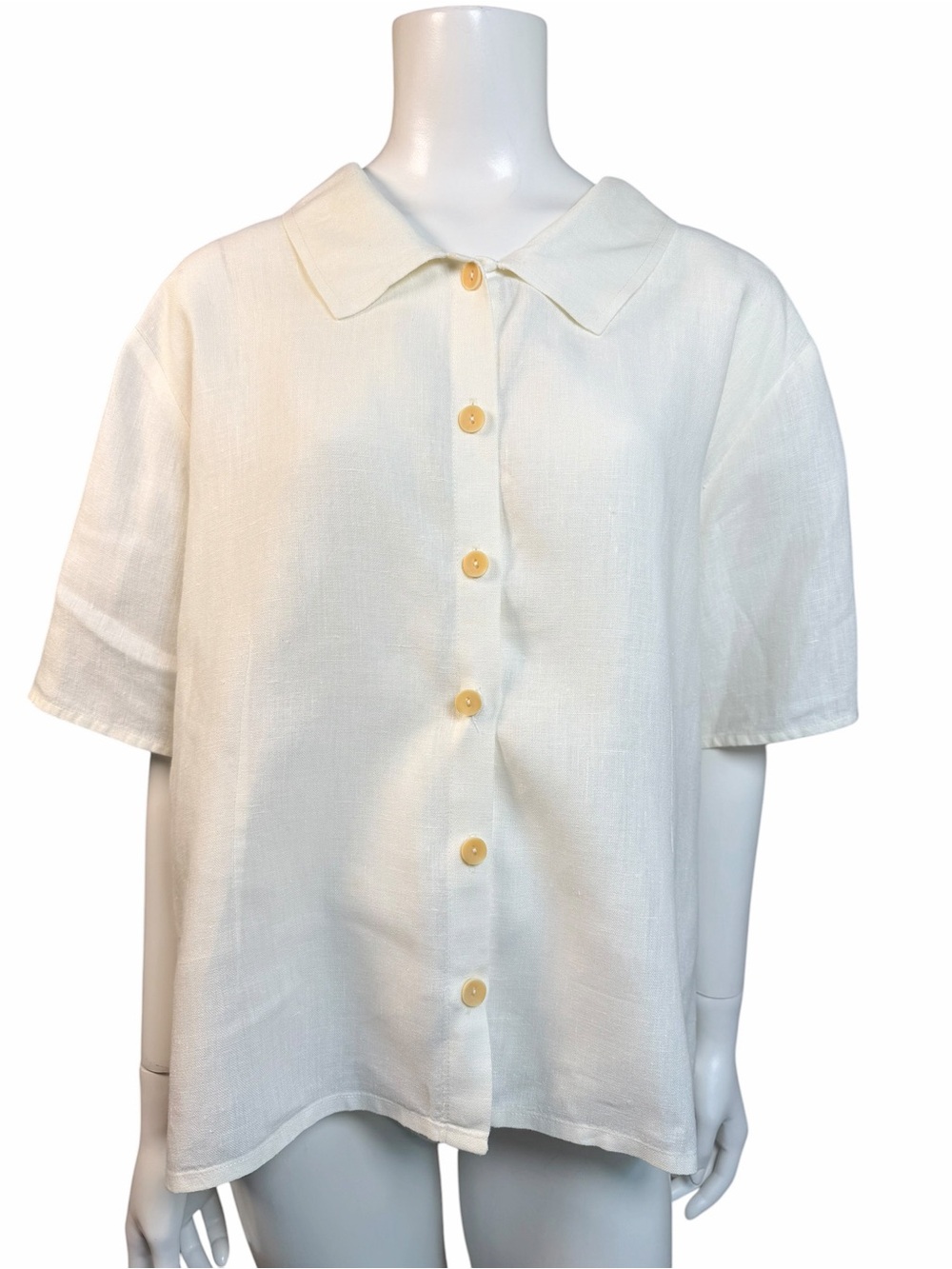 FLAX 100% Linen Button Front Shirt Oversized Ivory Boxy Top Large 90s Summer - Picture 2 of 7